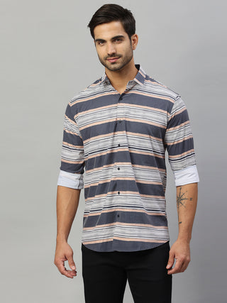 Men's Grey Casual Stripes Shirt