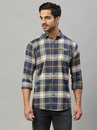 Men's Blue Checks Casual Cotton Lycra Shirt