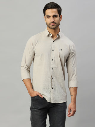 Men's Beige Solid Crushed Cotton Shirt