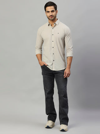 Men's Beige Solid Crushed Cotton Shirt