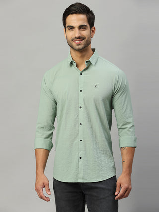 Men's Green Solid Crushed Cotton Shirt