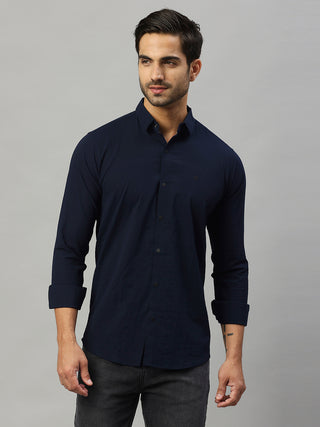 Men's Navy Blue Solid Crushed Cotton Shirt