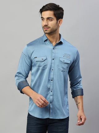Men's Blue Solid Cotton Lycra Cargo Shirt