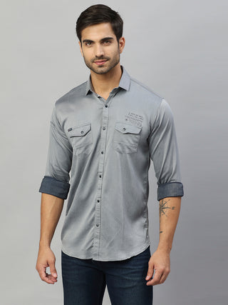 Men's Grey Solid Cotton Lycra Cargo Shirt