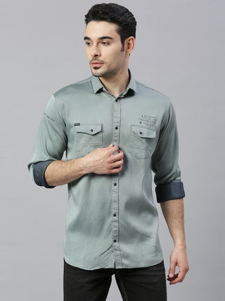Men's Light Green Solid Cotton Lycra Cargo Shirt
