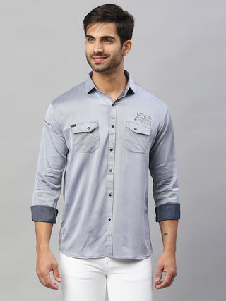 Men's Light Grey Solid Cotton Lycra Cargo Shirt
