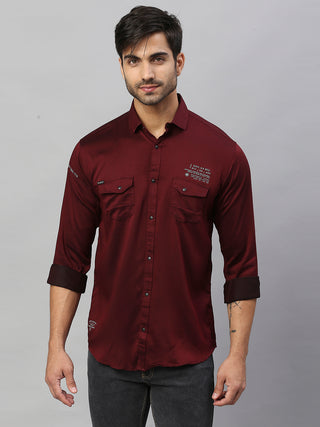 Men's Maroon Solid Cotton Lycra Cargo Shirt