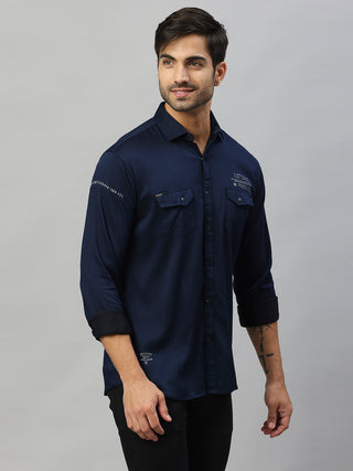 Men's Navy Blue Solid Cotton Lycra Cargo Shirt