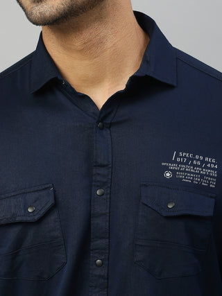 Men's Navy Blue Solid Cotton Lycra Cargo Shirt