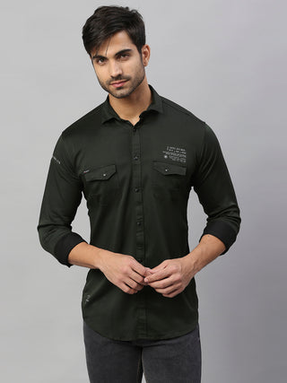 Men's Olive Solid Cotton Lycra Cargo Shirt