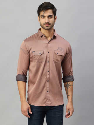 Men's Peach Solid Cotton Lycra Cargo Shirt