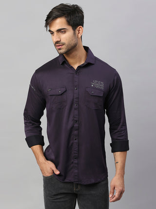 Men's Purple Solid Cotton Lycra Cargo Shirt