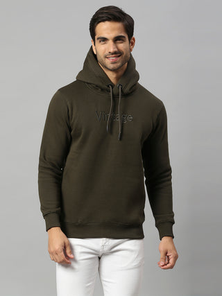 Men's Olive Printed Full Sleeves Hooded Sweatshirt