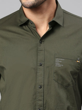 Men's Olive Solid Cotton Lycra Shirt