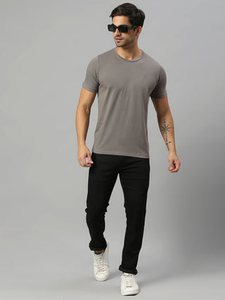 Men's Round Neck Dark Grey Solid Half Sleeve Lycra Tshirt