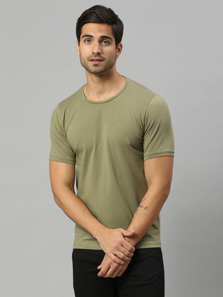 Men's Round Neck Green Solid Half Sleeve Lycra Tshirt