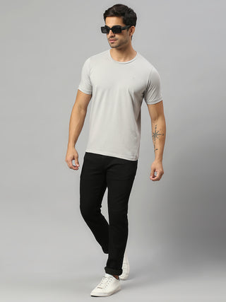 Men's Round Neck Grey Solid Half Sleeve Lycra Tshirt