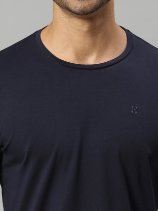 Men's Round Neck Navy Blue Solid Half Sleeve Lycra Tshirt