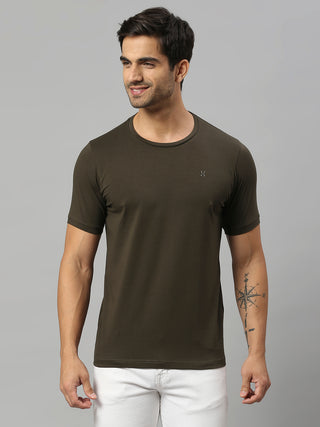 Men's Round Neck Olive Solid Half Sleeve Lycra Tshirt