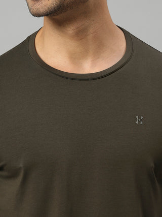 Men's Round Neck Olive Solid Half Sleeve Lycra Tshirt