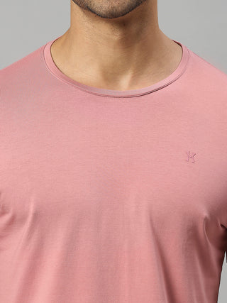 Men's Round Neck Peach Solid Half Sleeve Lycra Tshirt
