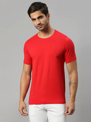 Men's Round Neck Red Solid Half Sleeve Lycra Tshirt