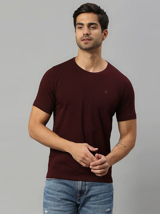 Men's Round Neck Wine Solid Half Sleeve Lycra Tshirt