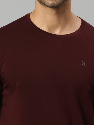 Men's Round Neck Wine Solid Half Sleeve Lycra Tshirt
