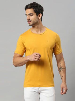 Men's Round Neck Yellow Solid Half Sleeve Lycra Tshirt