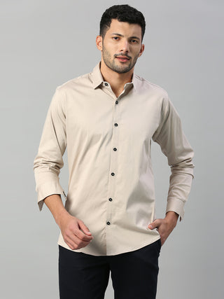 Men's Beige Solid Cotton Satin Lycra Shirt