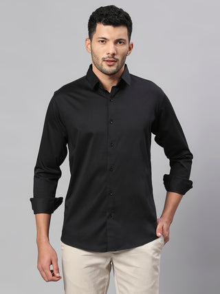 Men's Black Solid Cotton Satin Lycra Shirt