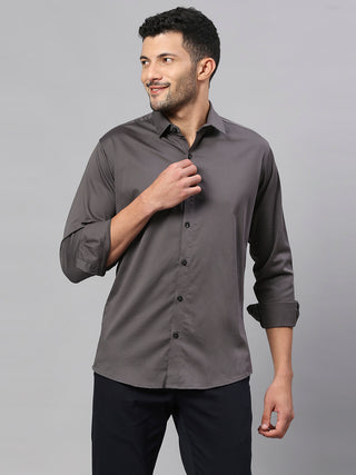Men's Grey Solid Cotton Satin Lycra Shirt
