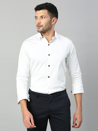 Men's White Solid Cotton Satin Lycra Shirt