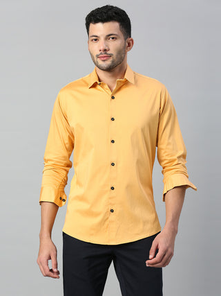 Men's Yellow Solid Cotton Satin Lycra Shirt